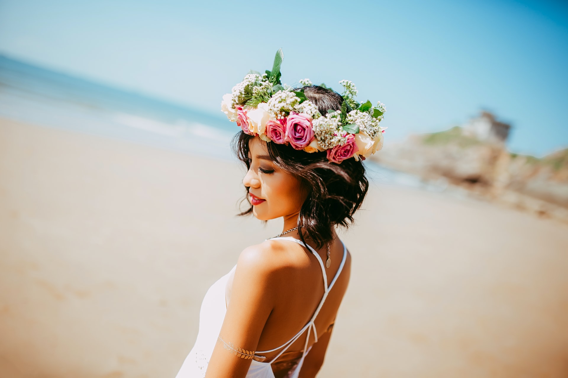 asian girl with flowers in hair